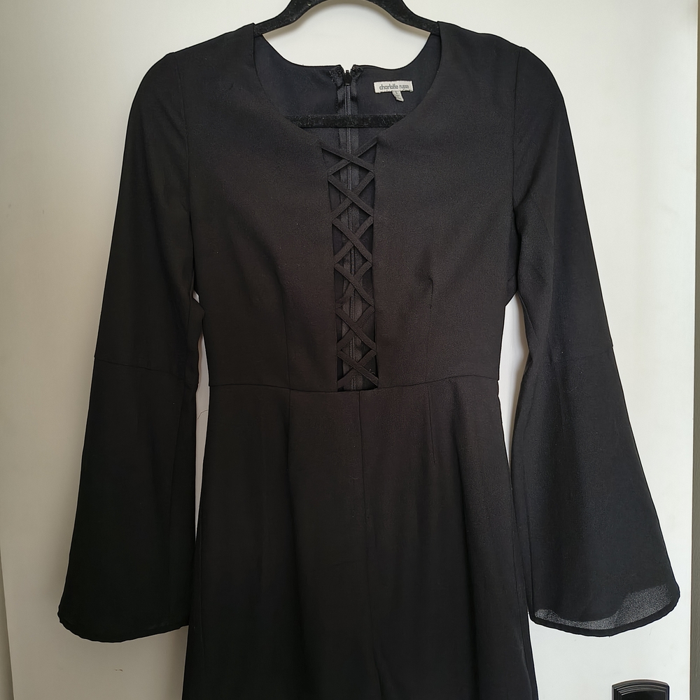 Charlotte Russe Black Lace-Up Front Long Sleeve Fit & Flare Romper
